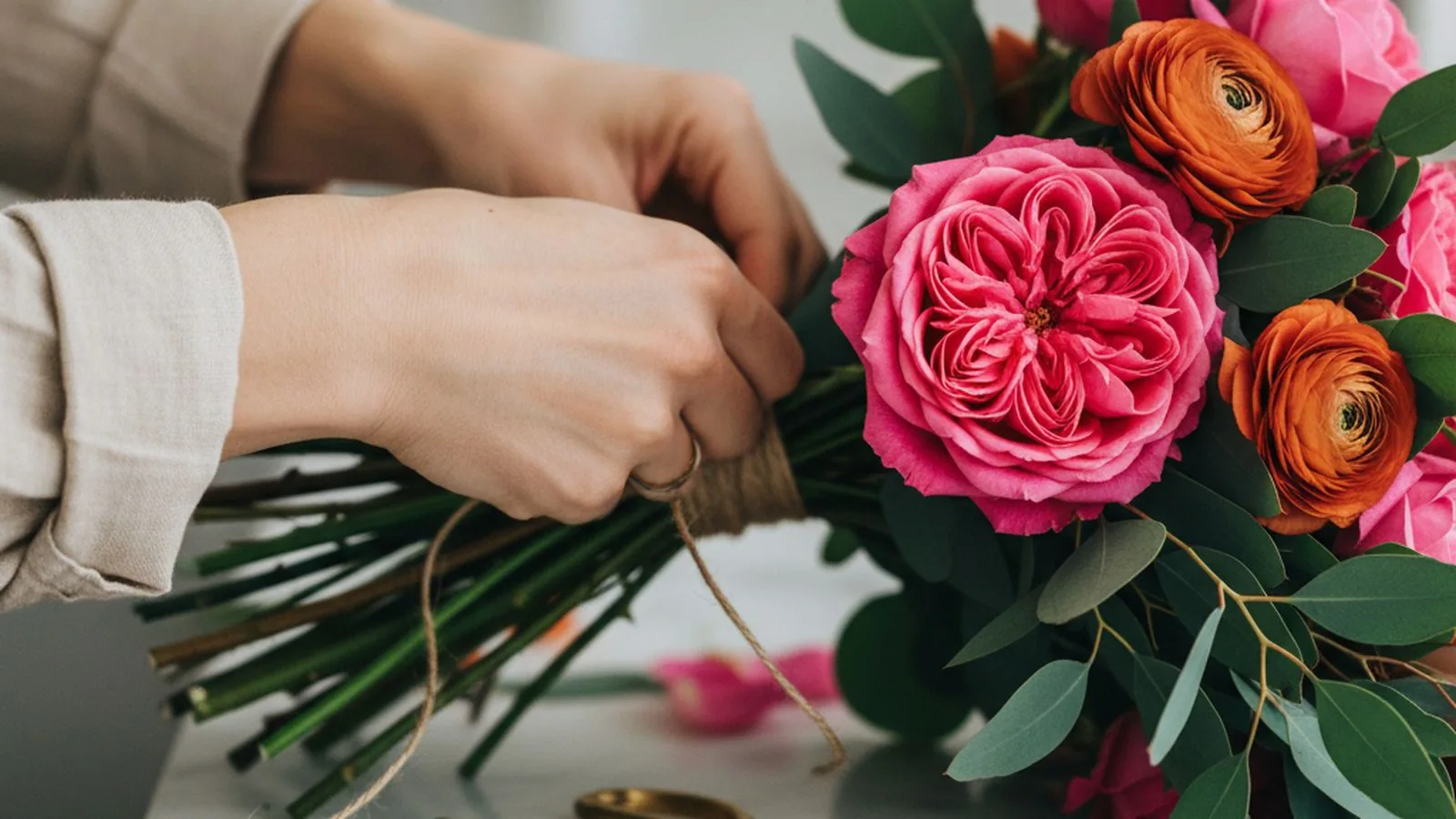 Manos de las floristas de Mely Flor armando un arreglo floral en el taller de Arequipa