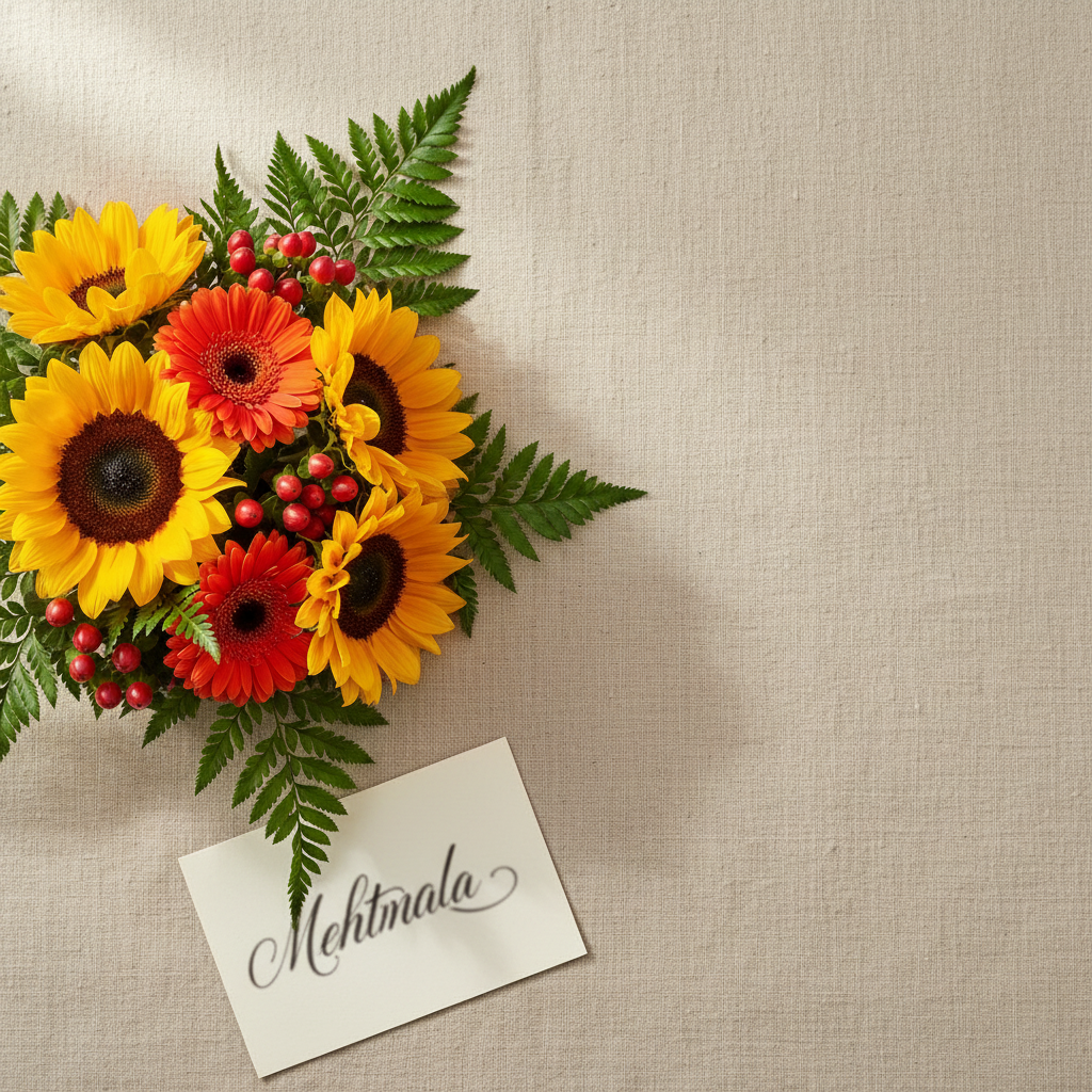 Bouquet cálido en proceso con tarjeta manuscrita sobre lino crema