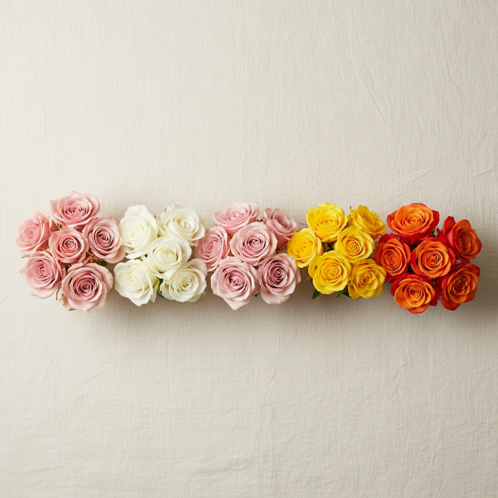 Rosas frescas en cinco colores agrupadas como estudio de paleta