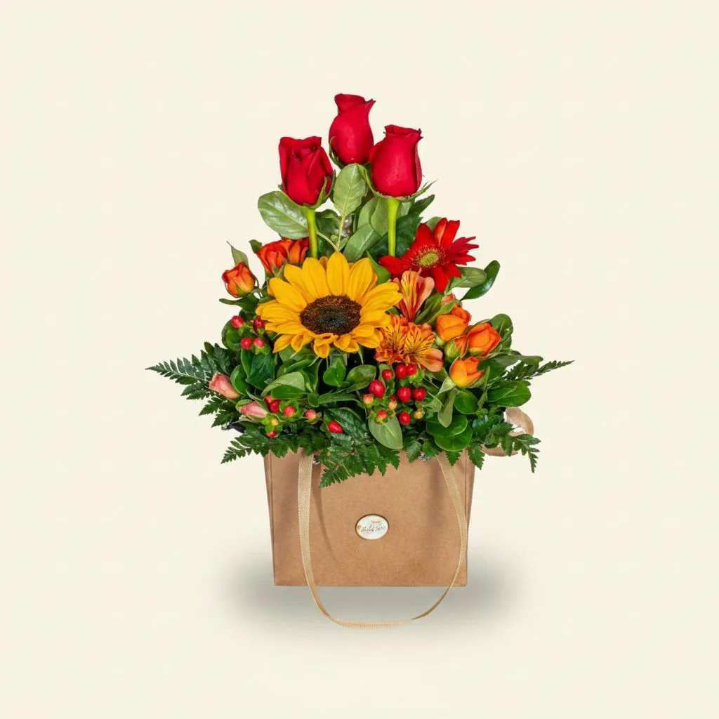 Arreglo Alegre en carterita con rosas y filler · Mely Flor