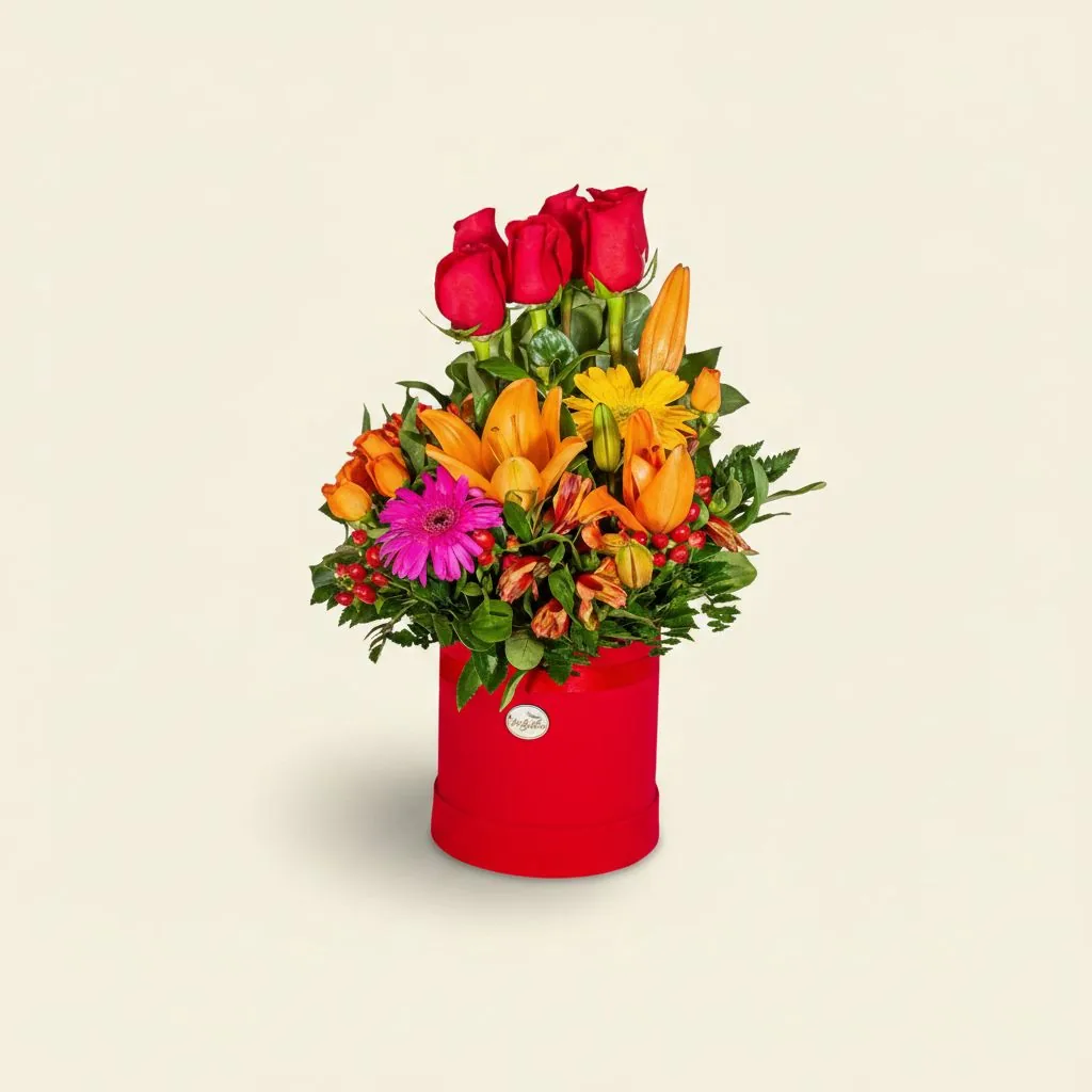 Arreglo Amorosa box fucsia con 6 rosas y filler · Mely Flor