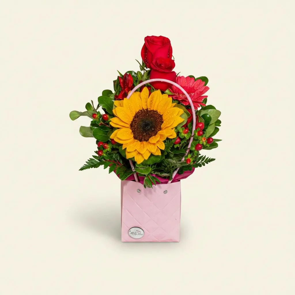 Arreglo Bondadosa con rosas y girasol · Mely Flor