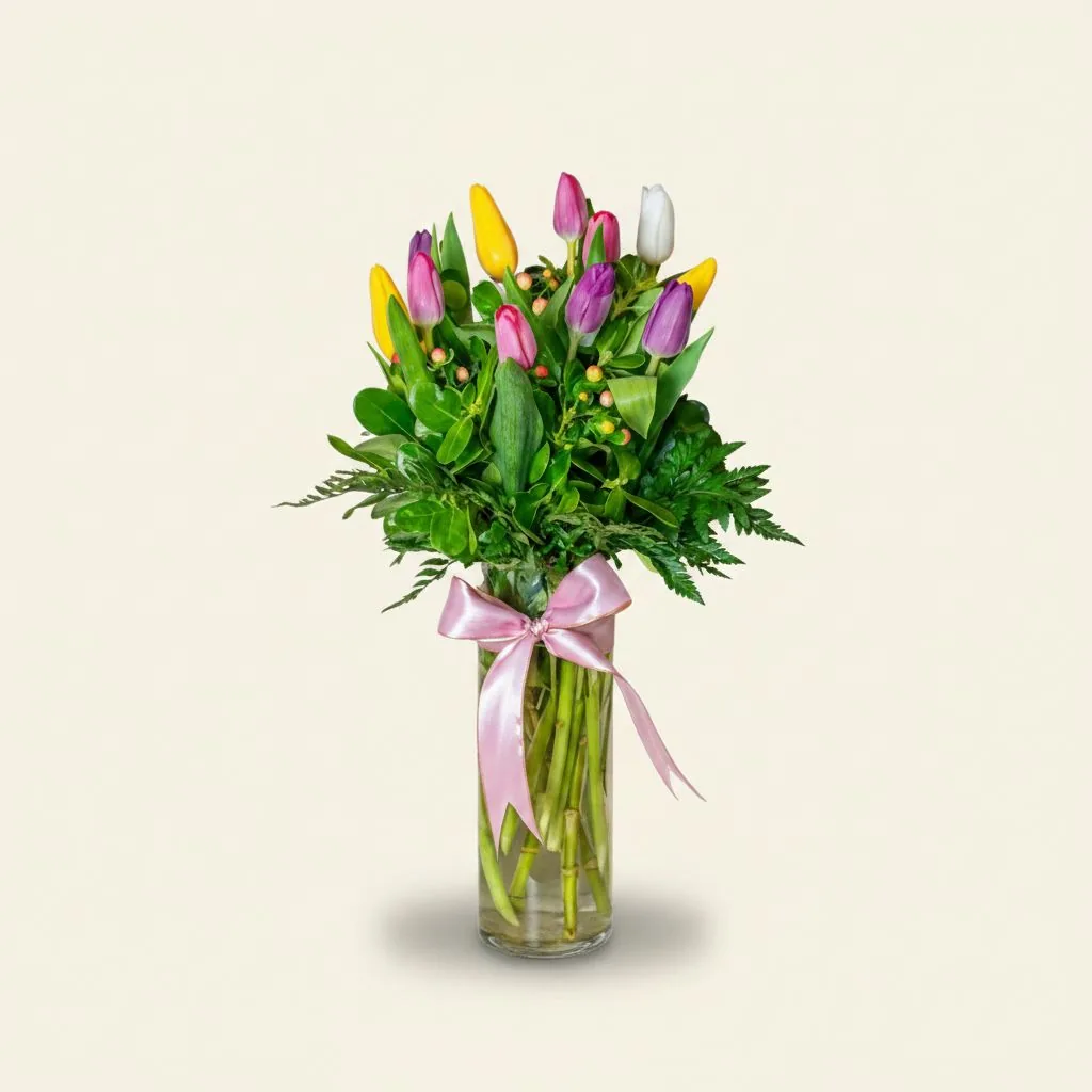 Arreglo Consentida en vaso de vidrio con tulipanes · Mely Flor