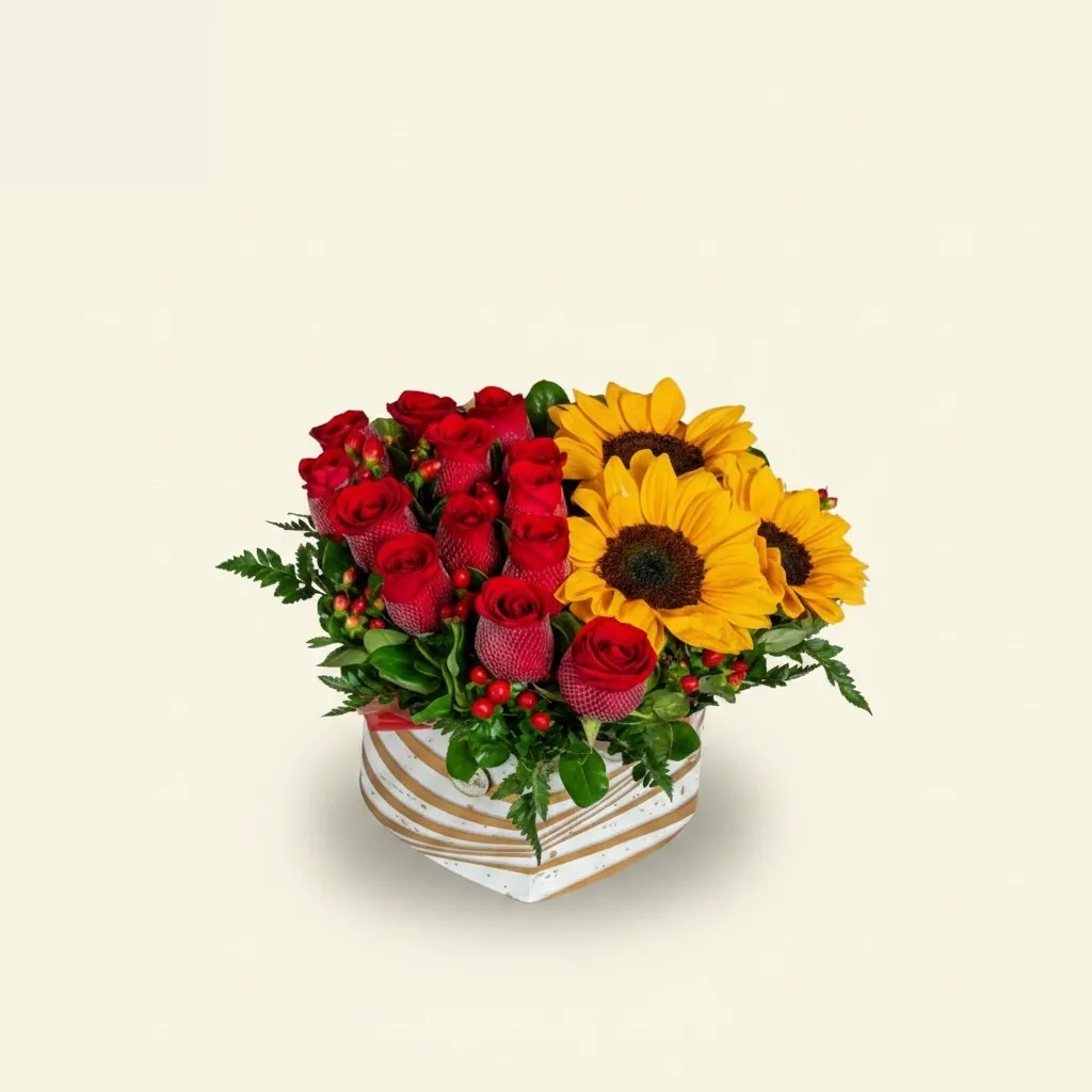 Arreglo Dramática box corazón con rosas y girasoles · Mely Flor