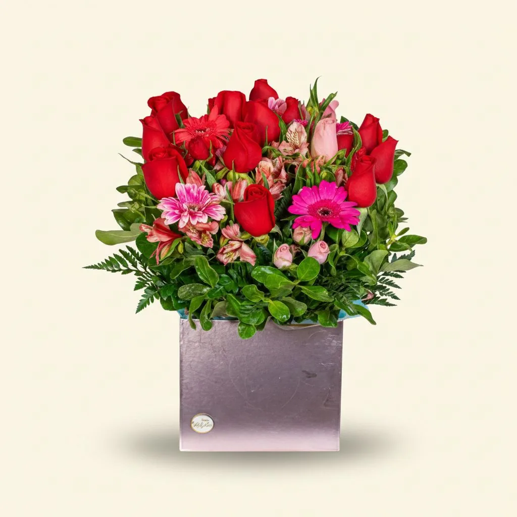 Arreglo Gordita box rectangular con 12 rosas y filler · Mely Flor