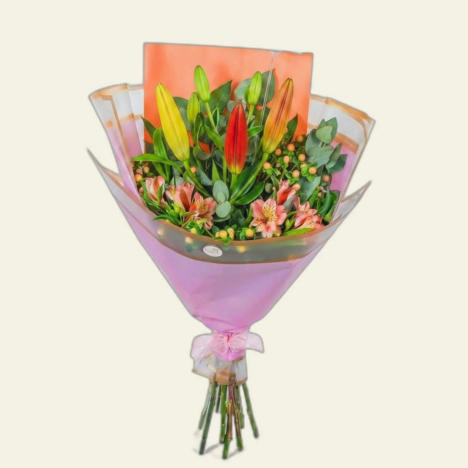 Ramo Lily de Mely Flor con liliums de colores, follajes y papel coreano