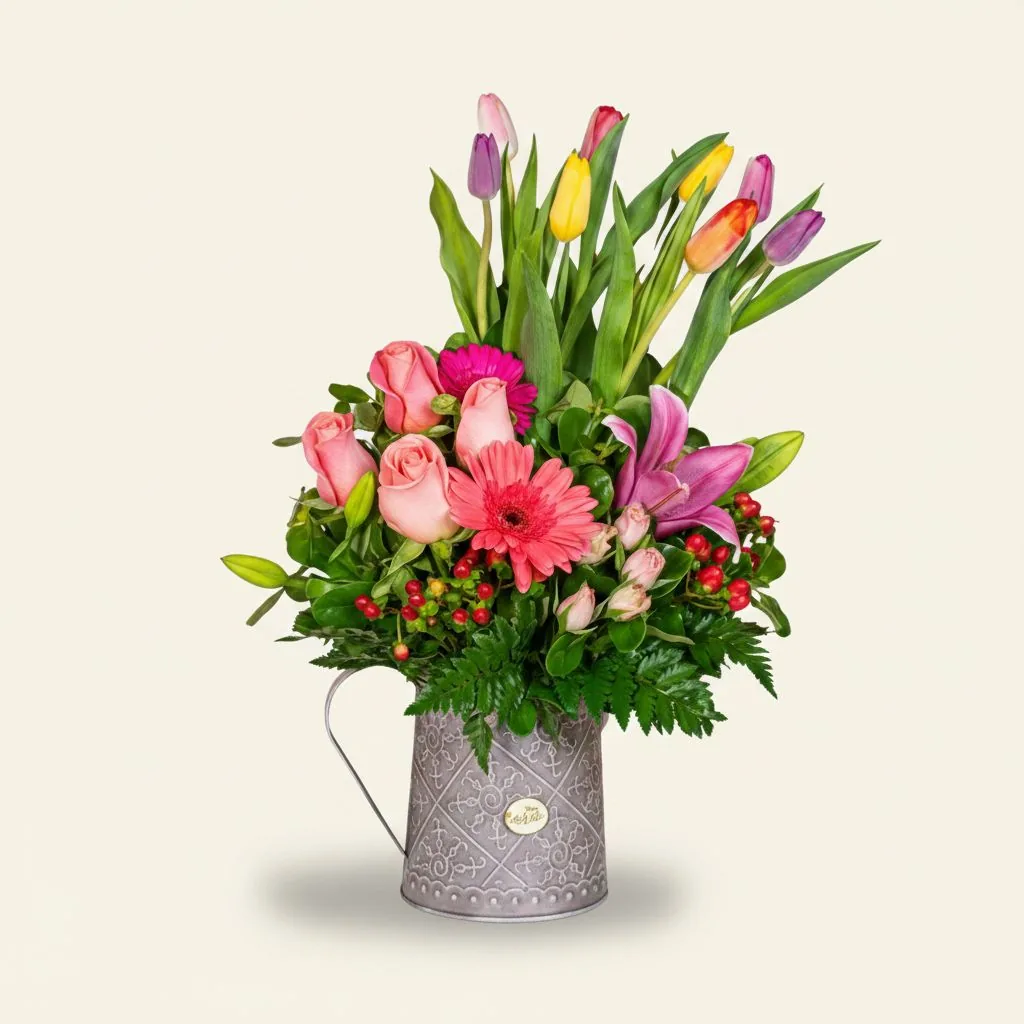 Arreglo Trabajadora pedestal metálico con tulipanes y rosas · Mely Flor