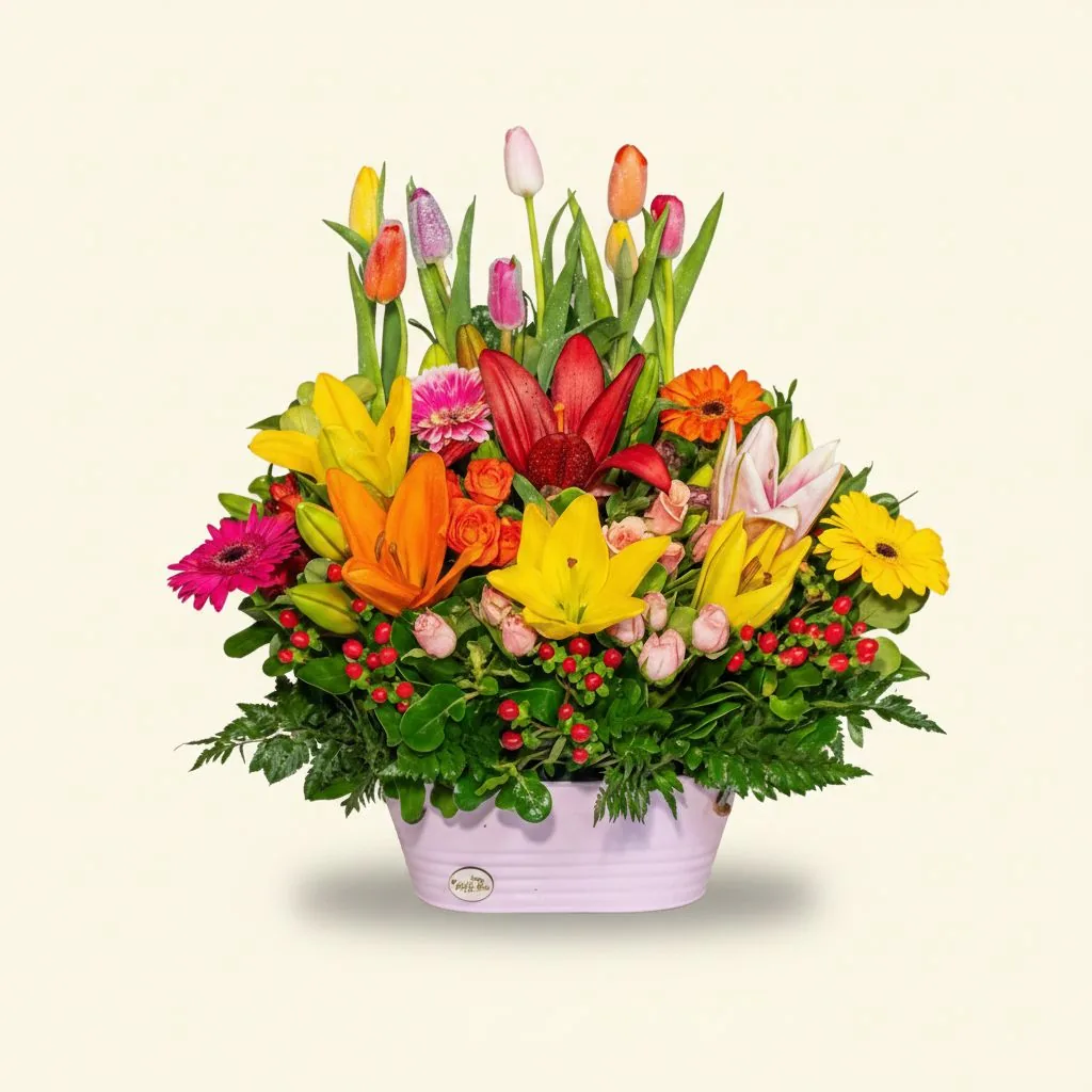 Arreglo Valiente pedestal con tulipanes y mix · Mely Flor